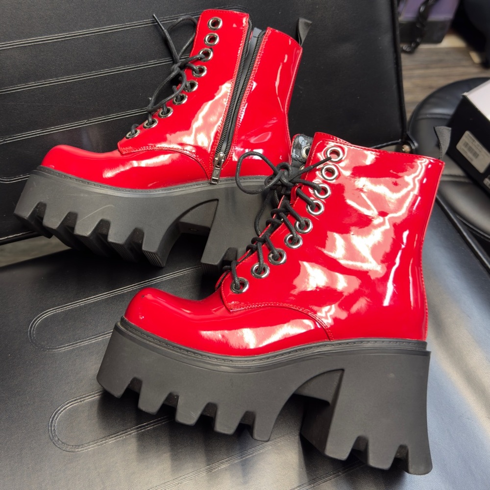 Lamoda - Patent Red Chunky Platform Ankle Boots - US Size 6 - Like New
